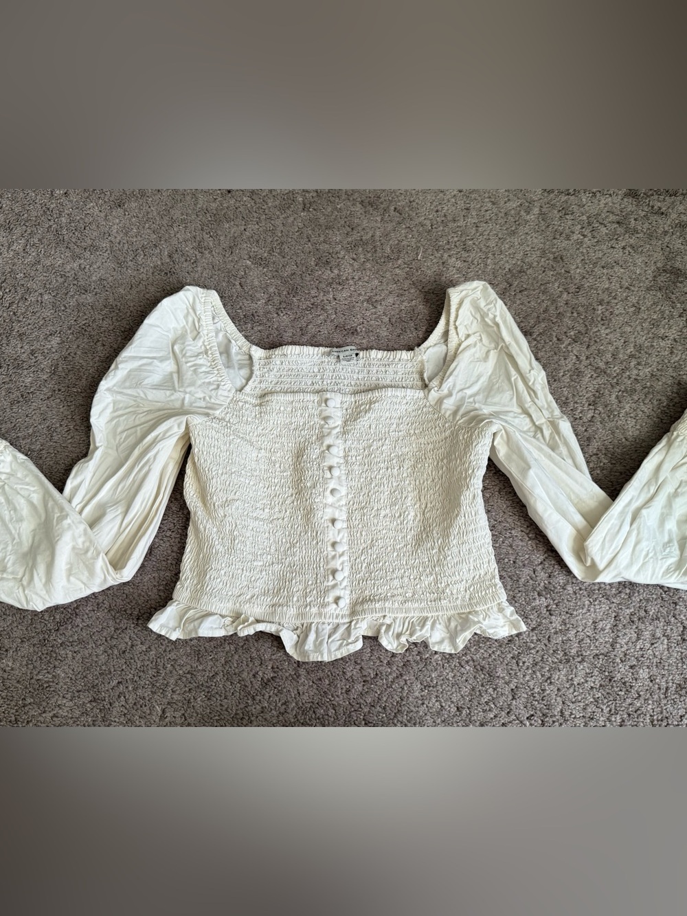 American Eagle Outfitters White Smocked Puff Sleeve Button-Front Top